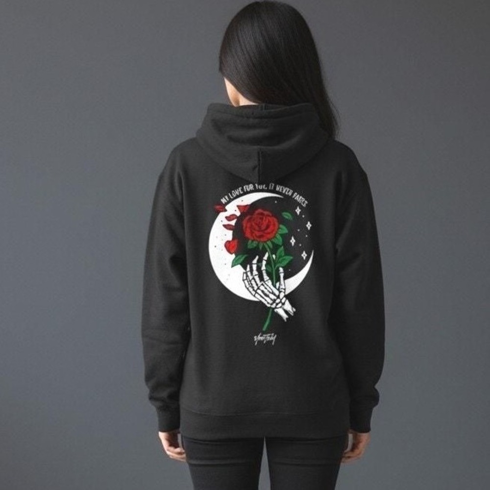 Skeleton Hand Rose Black Graphic Hoodie Sweatshirt (To The Moon)
